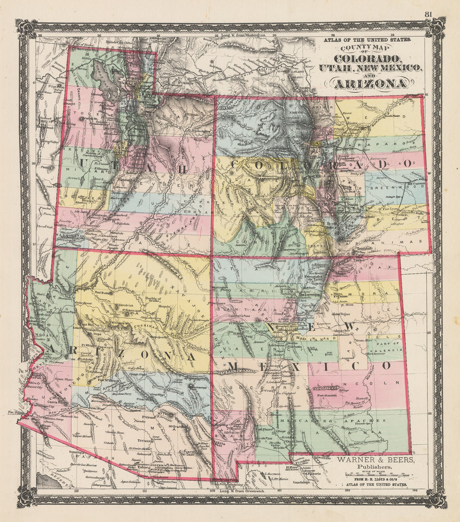 Antique Map: County Map of Colorado, Utah, New Mexico, and Arizona by: Warner & Beers, 1875 