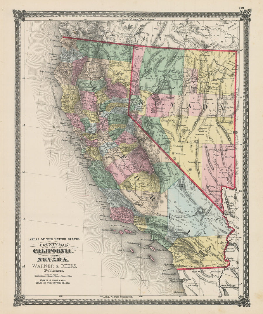 Antique County Map of California and Nevada by: Warner & Beers, 1875 