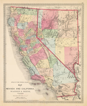 Antique Map of Nevada and California by: Warner & Beers, 1872 