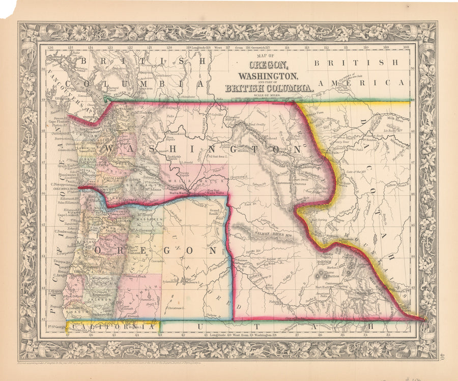 Antique Map of Oregon, Washington, and part of British Columbia. by: Mitchell, 1860