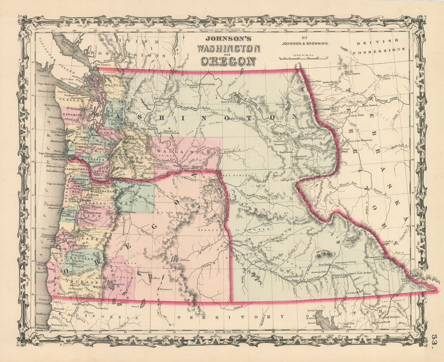 Antique Map: Johnson's Washington and Oregon, 1861