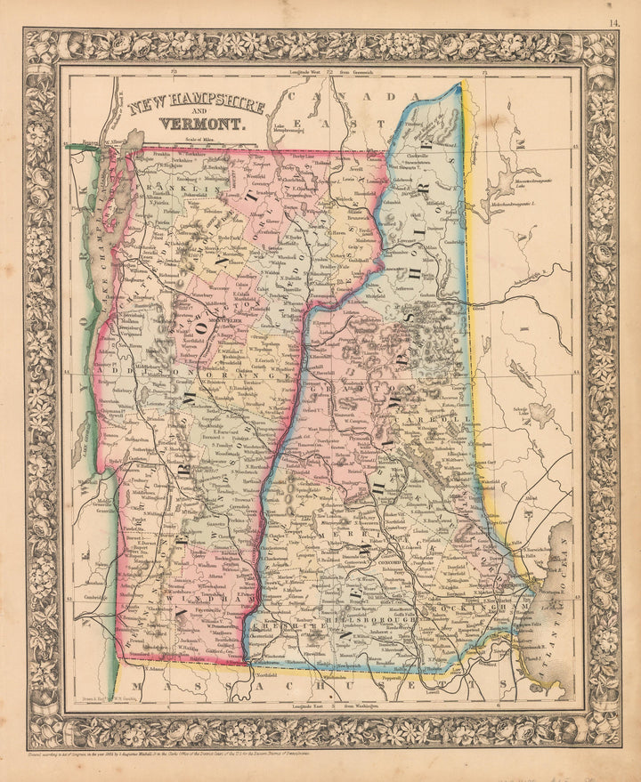 This is an authentic, antique lithograph map of New Hampshire and Vermont by Samuel Augustus Mitchell Jr. 