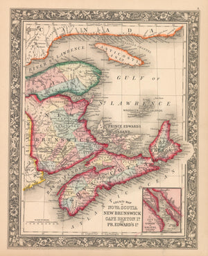 This is an authentic, antique lithograph map of Nova Scotia, New Brunswick, Cape Breton Island and Prince Edward’s Island by Samuel Augustus Mitchell Jr. 