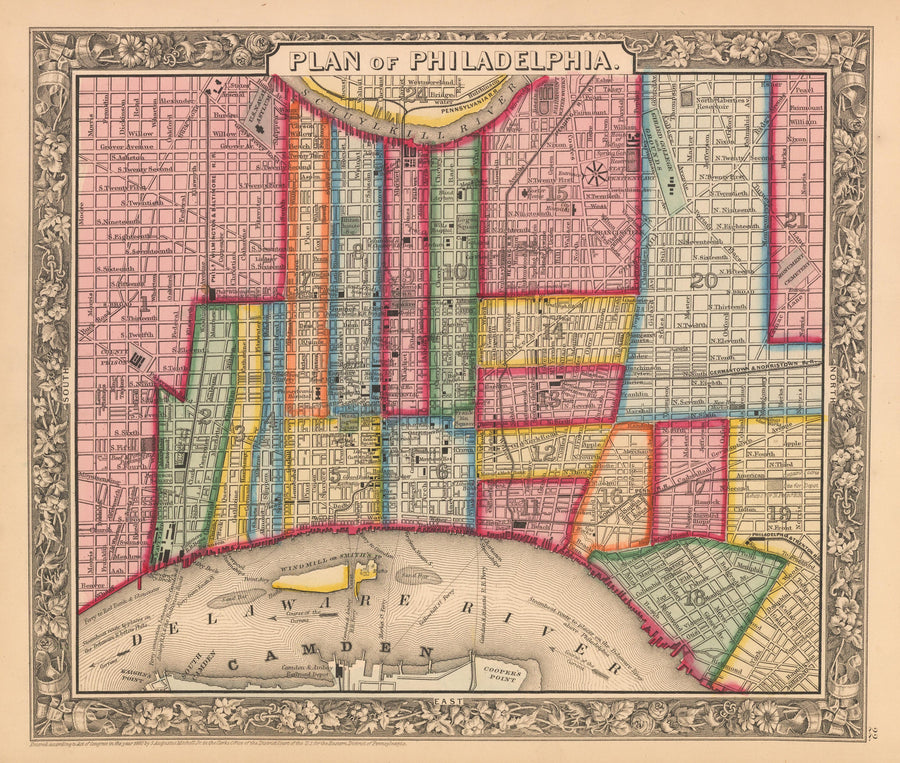  This is an authentic, antique lithograph map of the plan of the city of Philadelphia by Samuel Augustus Mitchell Jr. 