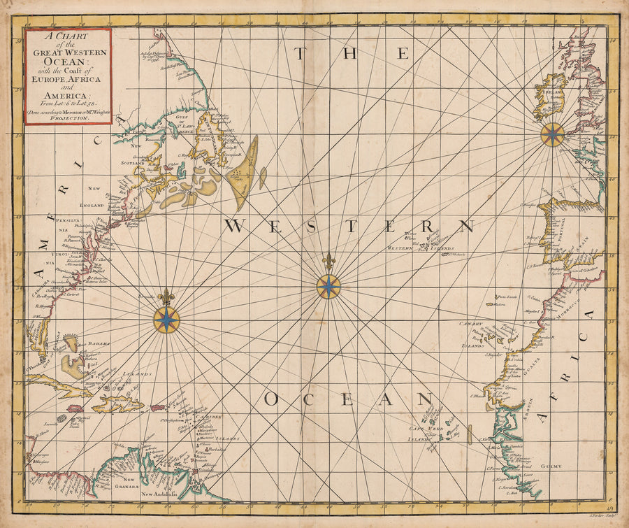 Authentic Antique Map of the northern Atlantic Ocean: A Chart of The Great Western Ocean with the Coast of Europe, Africa and America By: S. Parker  Date: 1721 (published) 
