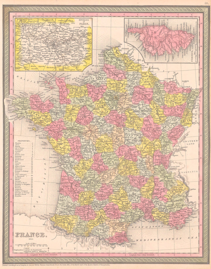 Authentic Antique Map of France: France By: Mitchell / Cowperthwait & Co. Date: 1852 (dated)