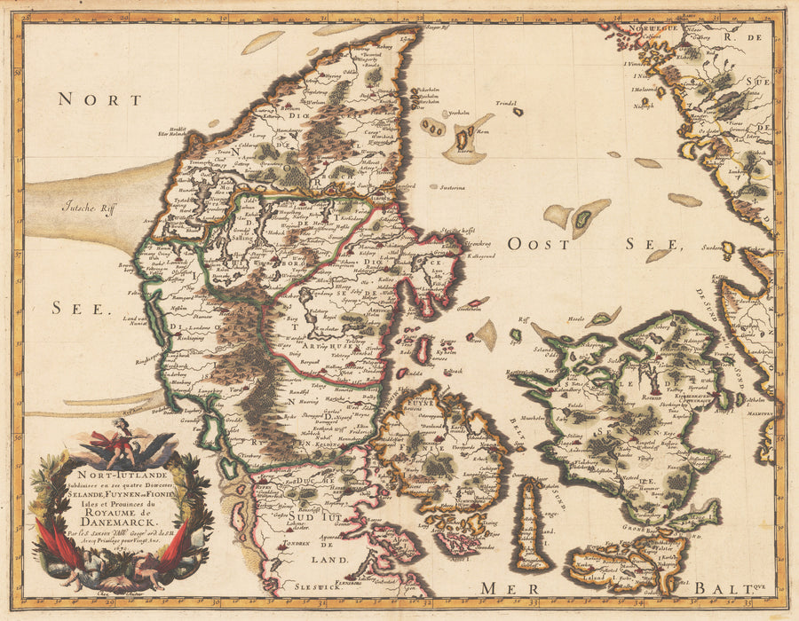 Authentic Antique Map of Denmark: Nort-Iutlande Subdiuisee en ses Quatre Dioeceses; Selande, Fuynen ou Fionie, Isles etProuinces du Royaume de Danemarck By: Nicolas Sanson Date: 1679 (dated)  