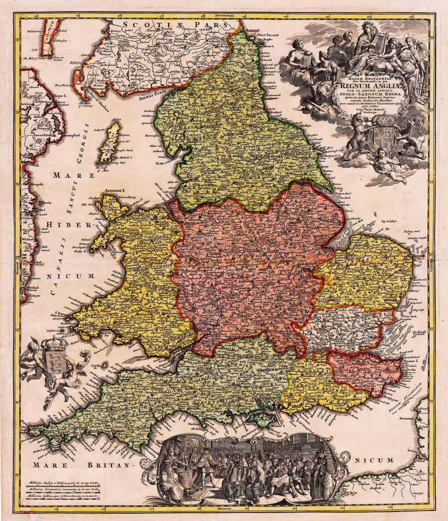 Authentic Antique Map of England: Magnae Britanniae Pars Meridionalis, in qua Regnum Angliae tam in Septem Antiqua Anglo-Saxonum Regna By: Johann Baptist Homann Date: 1720 (circa)