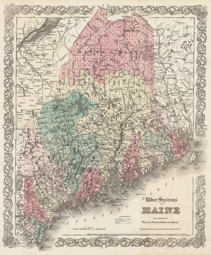 1869 River Systems of Maine to Illustrate Wells's Water Power of Maine