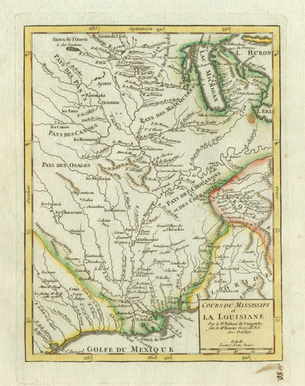Authentic Antique Map of the Mississippi River Valley, Michigan and the Northern Plains. Cours du Mississipi et la Louisiane. By: Didier Robert de Vaugondy 1749 (circa)