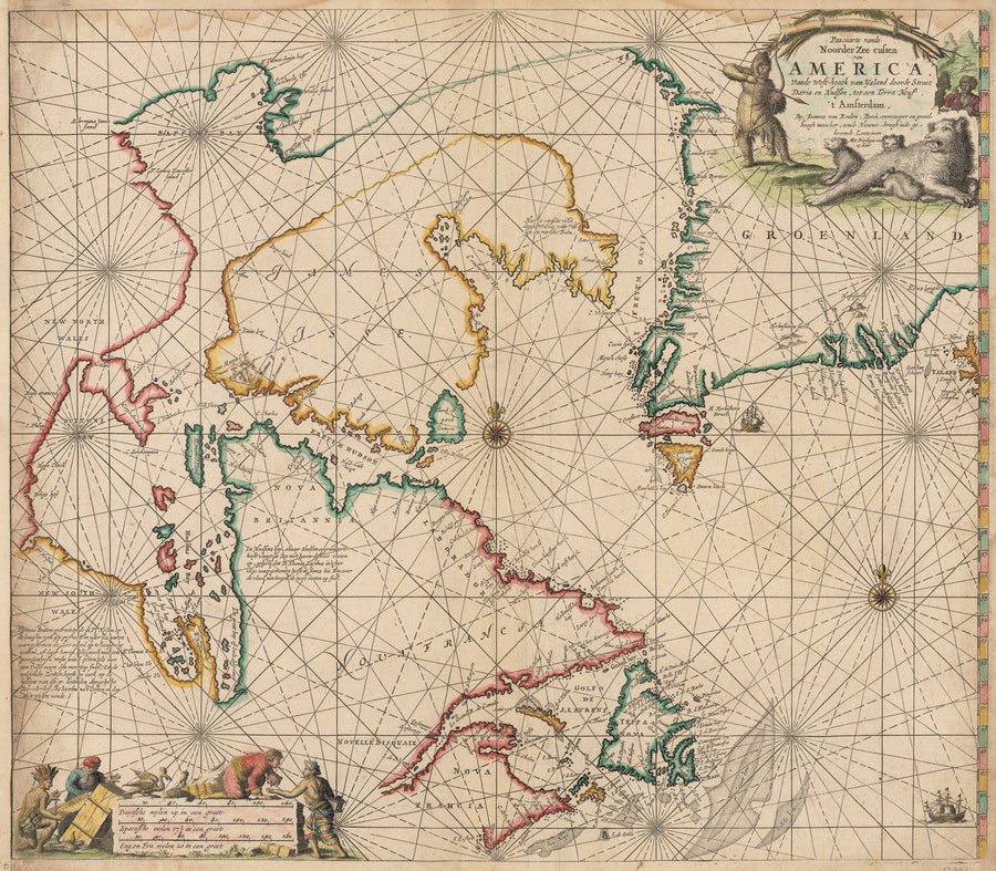 Authentic Antique Map of Hudson Bay, Labrador and Greenland: Pascaarte vande Noorder Zee custen van America... By: Gerard Van Keulen Date: 1681 Amsterdam
