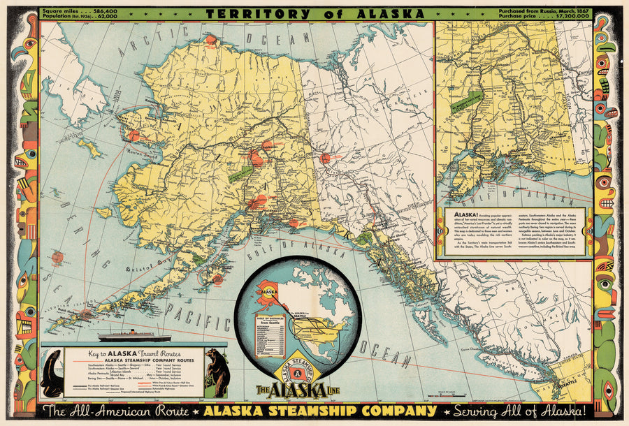 Authentic Antique Map of the Territory of Alaska: The Alaska Line: Alaska Steamship Co. By: Frank McCaffrey Date: 1936 (dated)  