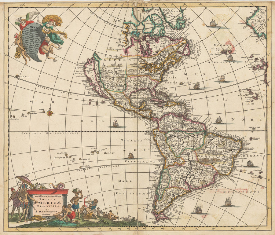 Authentic Antique Map of the Western Hemisphere: Novissima et Accuratissima Totius Americae Descriptio per I. Danckerts By: Justus Danckert Date: 1680 