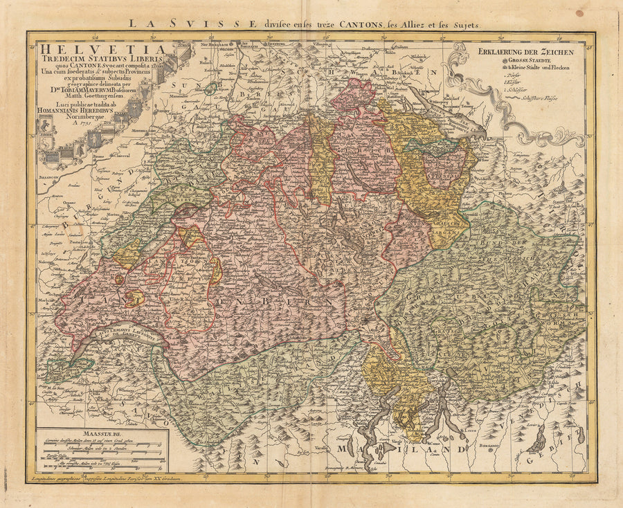 Authentic Antique Map of Switzerland: Helvetia Tredecim Statibus Liberis quos Cantones... By: Homann Heirs Date: 1751 (dated)