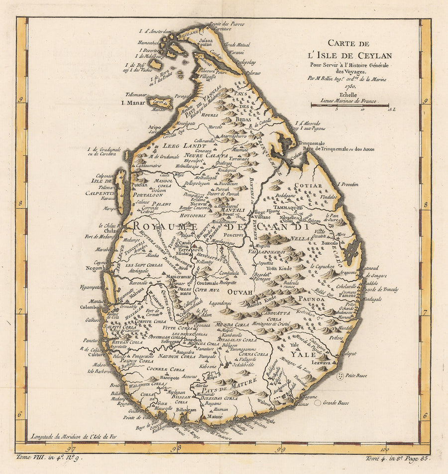 Authentic Antique Map of Ceylon now known as Sri Lanka: Carte de l'Isle de Ceylan pour Servir a l'Histoire Generale des Voyages By: Jaques Nicolas Bellin Dated: 1750 (dated)