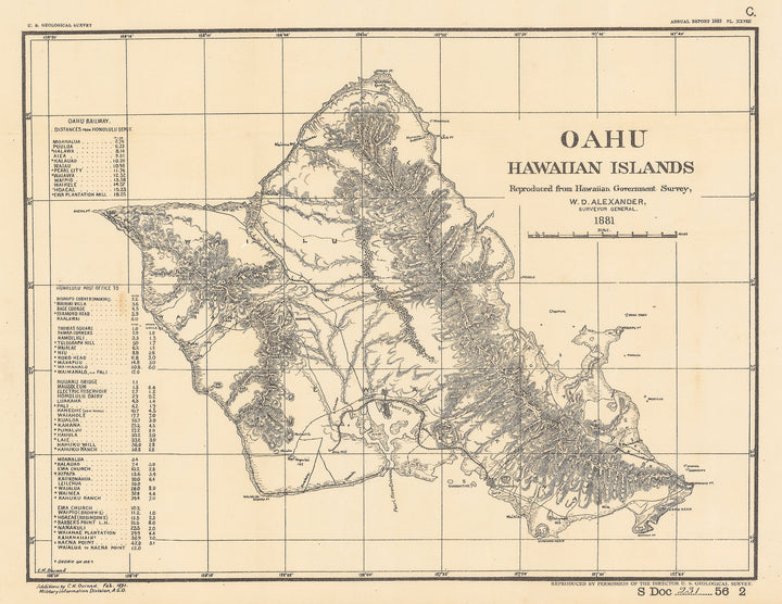 Authentic Antique Map of Oahu: Oahu Hawaiian Islands By: W.D. Alexander Date: 1893 (dated)