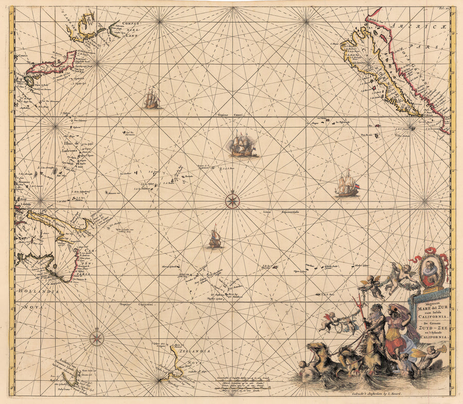 Authentic Antique Map of the Pacific Ocean showing California as an island: Magnum Mare del Zur cum Insula California... By: Renard / De Wit Date: 1715 (circa)