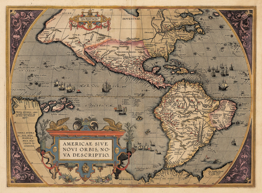 Authentic Antique Map of the Western Hemisphere: Americae sive Novi Orbis, Nova Descriptio By: Abraham Ortelius Date: 1598 (published) Antwerp 