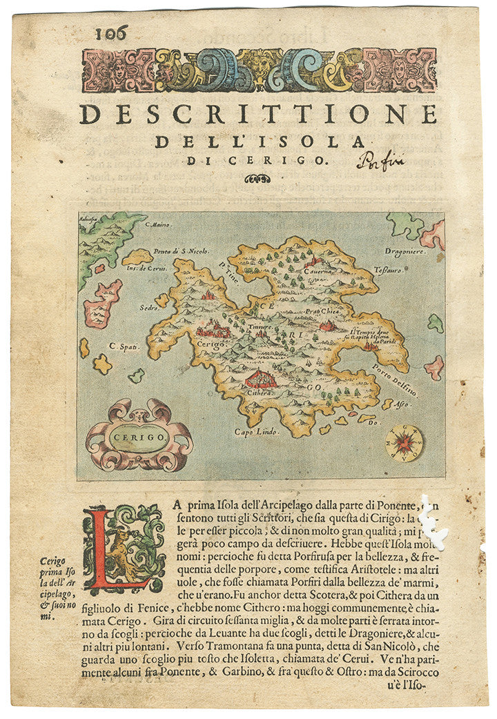 Authentic Antique Map: Greece - Cerigo By: Tomaso Porcacchi Date: 1574 (published) Venice