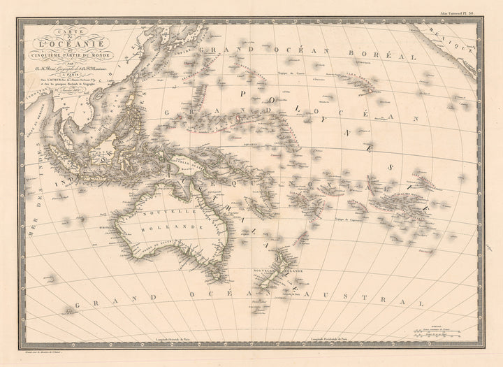 Authentic Antique Map of Australia and the islands of the Pacific Ocean: Carte de l'Oceanie ou Cinquieme Partie du Monde By: Adrien Hubert BrueDate: 1820 (Dated) Paris 