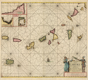 Authentic Antique Map of the Lesser Antilles: Pas kaart Van de Caribes Tusschen I. Barbados en I S. Martin …By: Johannes Van Keulen Date: 1684 (published) Amsterdam