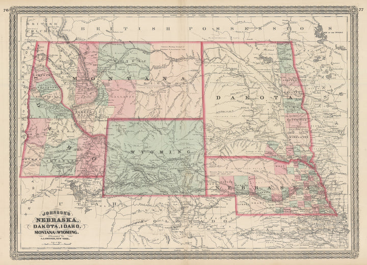 Authentic Antique Map of Idaho, Montana, Wyoming, Dakota and Nebraska: Johnson’s Iowa and Nebraska By: Alvin J. Johnson Date: 1862 (published) New York  