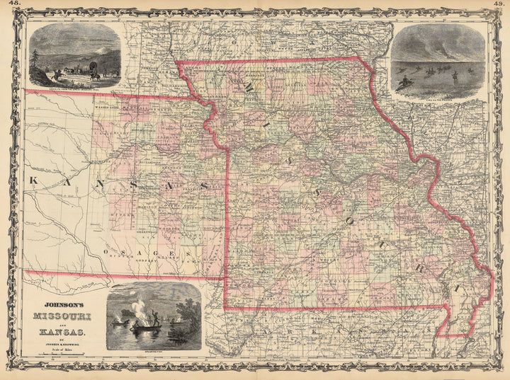 Authentic Antique Map of Missouri and Kansas: Johnson’s Missouri and Kansas By: Alvin J. Johnson Date: 1862 (published) New York