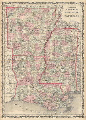 1860 County Map of Louisiana, Mississippi and Arkansas
