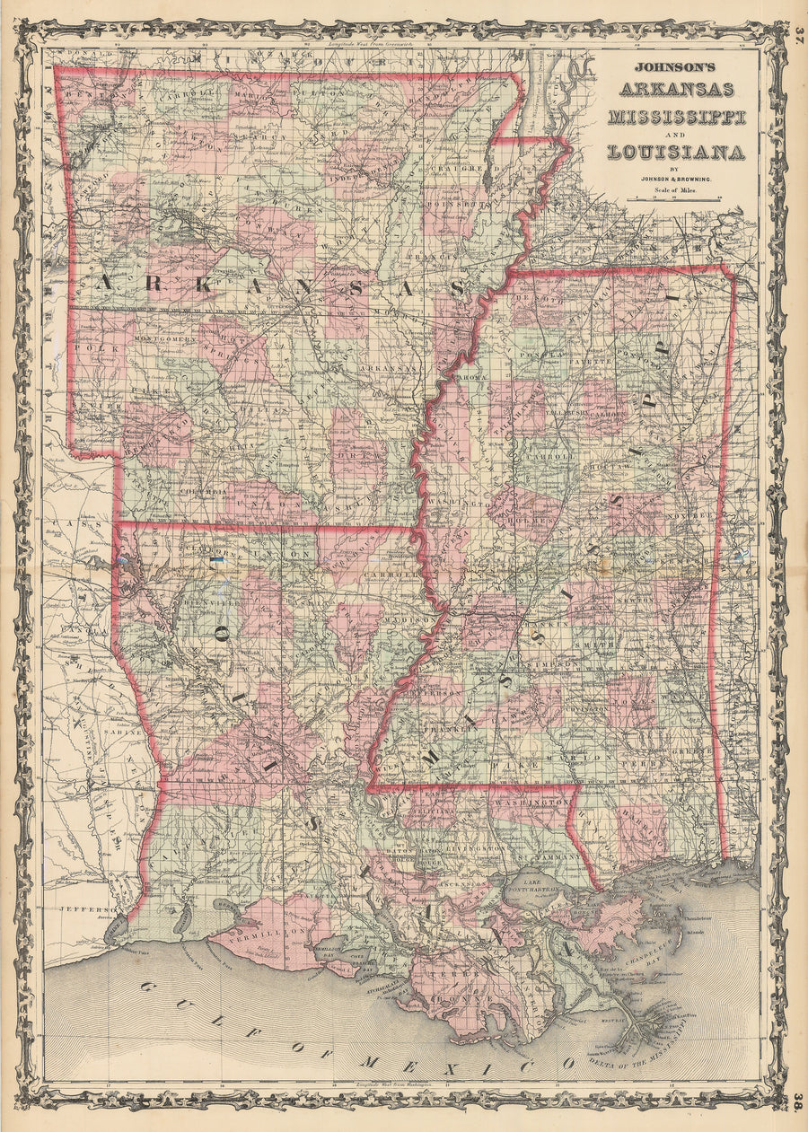 Authentic Antique Map of Arkansas, Mississippi and Louisiana. Johnson’s Arkansas, Mississippi and Louisiana By: Alvin J. Johnson Date: 1862 (published) New York