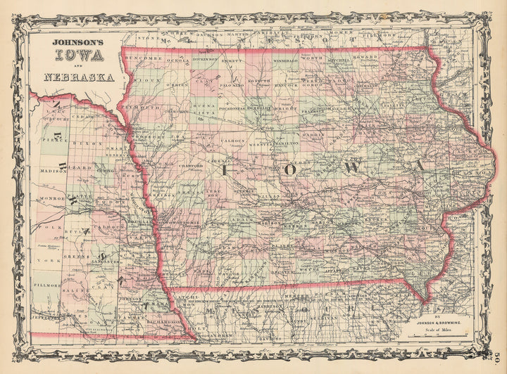Authentic Antique map of Iowa and Nebraska: Johnson’s Iowa and Nebraska By: Alvin J. Johnson Date: 1862 (published) New York 