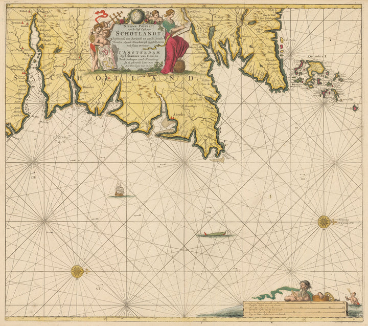 Authentic Antique Map of the coast of Scotland: Nieuwe Pascaert van de Ooft Cust Van Schotlandt Beginnende van Barwyck tot aen deOrcades Ylanden By: Johannes Van Keulen Date: 1680 (circa) Amsterdam 