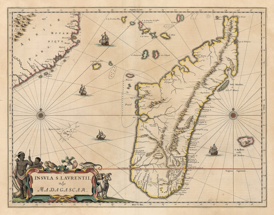 Authentic Antique Map of Madagascar: Insula S. Lavrentii, vulgo Madagascar By: Willem Blaeu Date: 1660 (circa) Amsterdam
