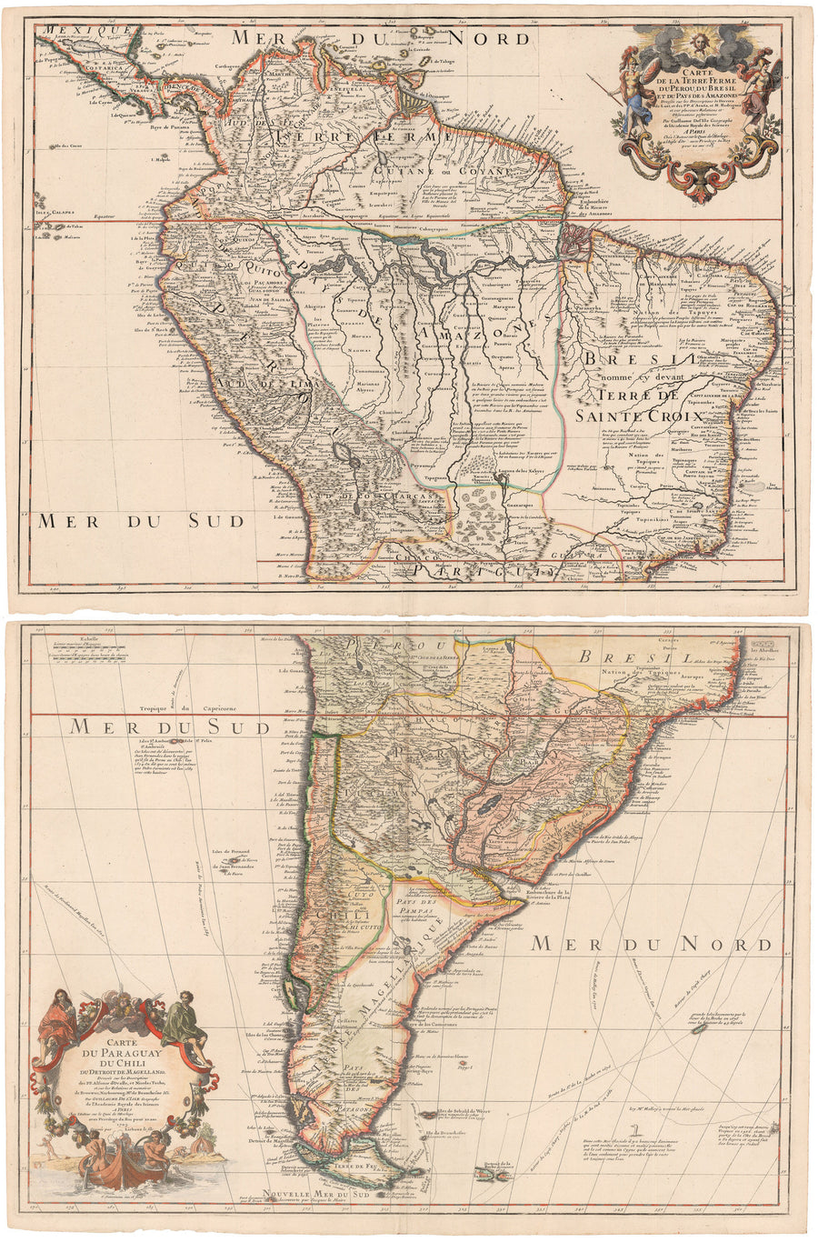 1703 Carte de la Terre Ferme du Perou, du Perou, Du Bresil, et du Pays des Amazons / Carte du Paraguay du Chili du Detroit De Magellan &c. . . .