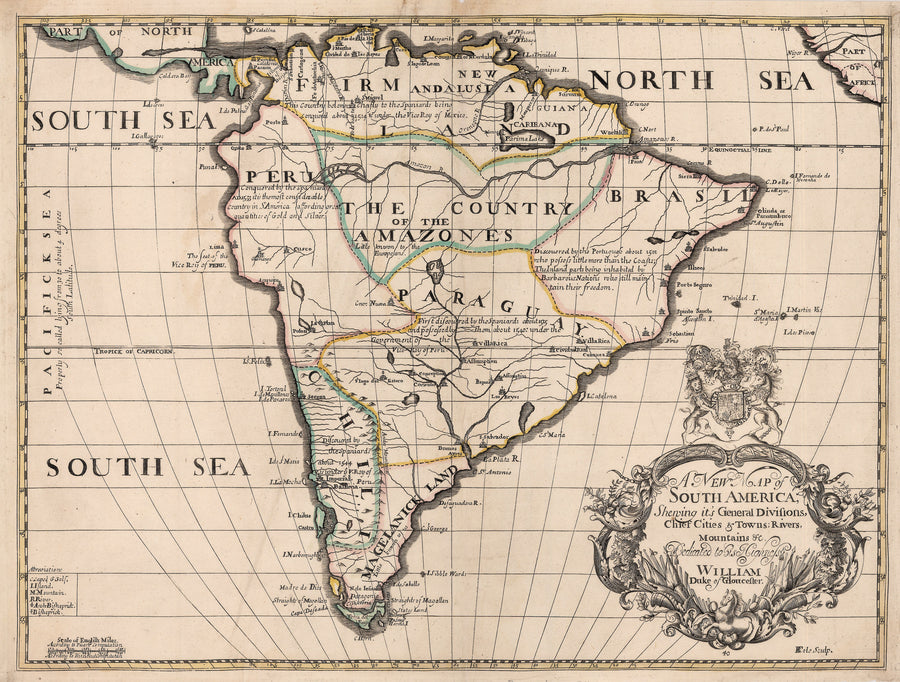 1700 A New Map of South America, Shewing it's General Divisions, Chief Cities & Towns; Rivers, Mountains &c.