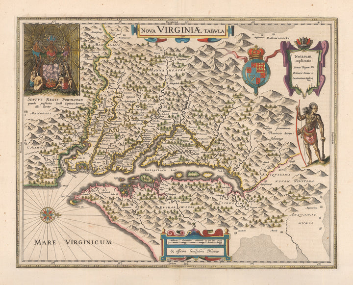 Authentic Antique Map of Virginia and Chesapeake Bay: Nova Virginiae Tabula By: Willem Janszoon Blaeu Date: 1640 (circa) Amsterdam