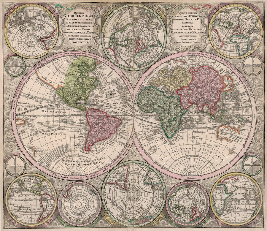 1735 Diversi Globi Terr-Aquei Statione Variante et Visu Intercedente per Coluros Tropicorum per Ambos Polos…