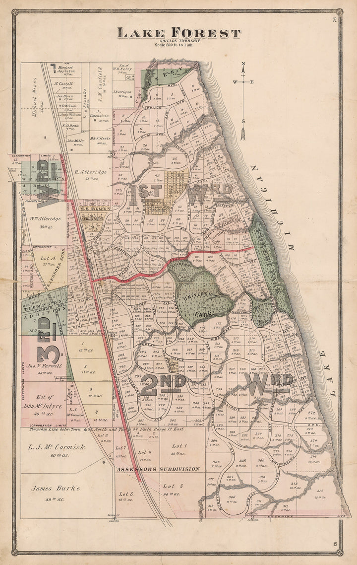 Authentic Antique Map of Lake Forest, Illinois: Lake Forest By: H.R. Page & Co. Date: 1881 (copyright) Chicago