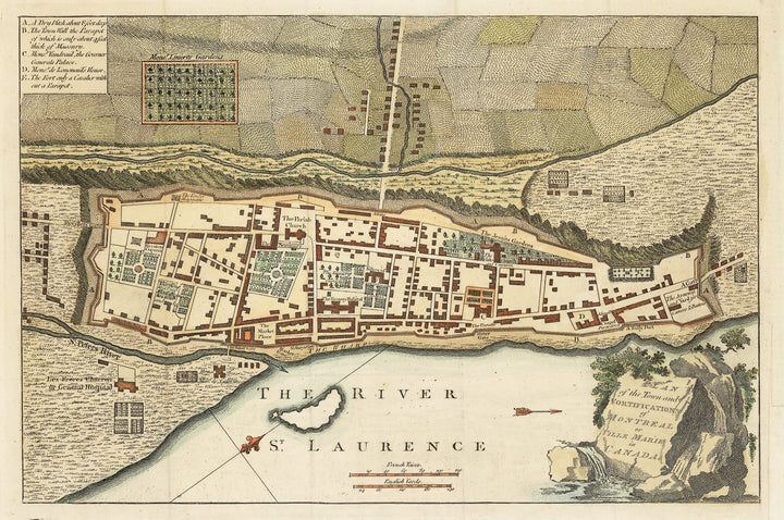 Authentic Antique Map of Montreal: Plan of the Town and Fortification of Montreal or Ville Marie in Canada. By: Universal Magazine Date: 1759 (published) London 