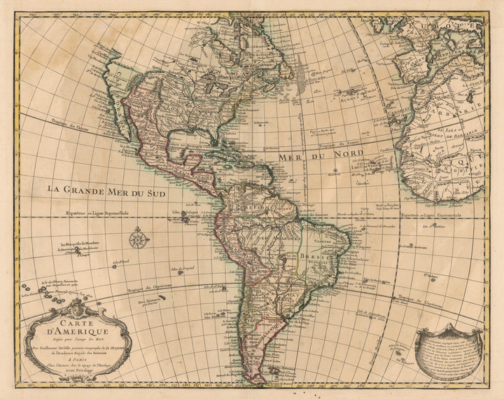 Authentic Antique Map of the Western Hemisphere: Carte d'Amerique Dressee pour l'Usage du Roy. Par Guillaume Delisle Premier Geographe de sa Majeste DE L’Academie Royale des Sciences By: Guillaume Delisle  Date: 1722 (dated) Paris