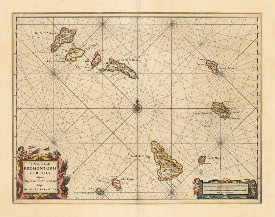 Authentic Antique Map of the Cape Verde Islands: Insulae Promontorii Viridis Hispanis Issas de Cabo Verde, Belgis de Soute Eylanden By: Johannes Jansson  Date: 1650 (circa) Amsterdam