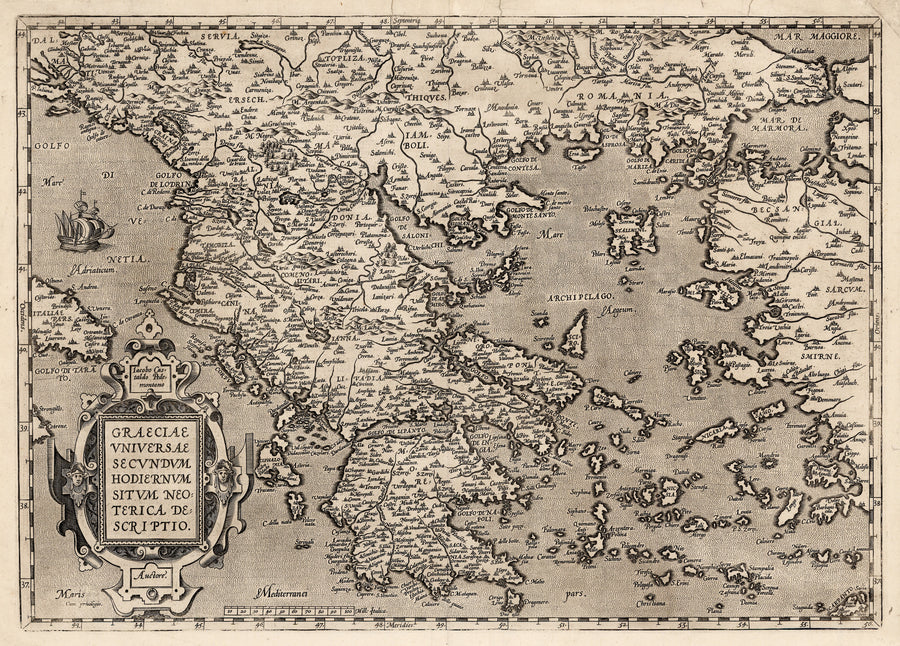 Authentic Antique Map of Greece: Graeciae Universae Secundum Hodiernum Situm Neoterica descriptio.. By: Abraham Ortelius Date: 1579 (published) Antwerp 