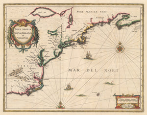 Authentic Antique Map of Colonial America: Nova Anglia Novum Belgium et Virginia; By: Jan Jansson; Date: 1636 (published) Amsterdam. 