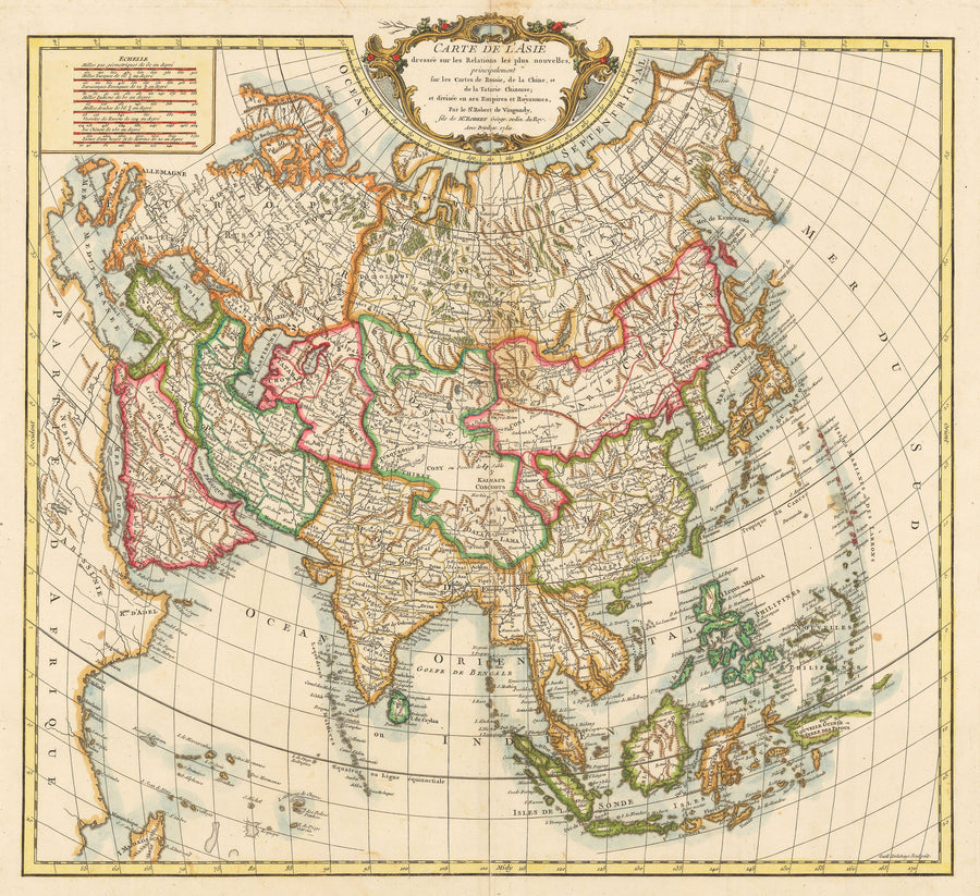 Authentic Antique Map of Asia: Carte de l'Asie dressee sur les Relations les plus nouvelles, principalement fur les Cartes de Russie, de la Chine, et de la Tatarie Chinoise; et divisee en ses Empires et Royaumes. By: Robert de Vaugondy Date: 1750 (published) Paris 