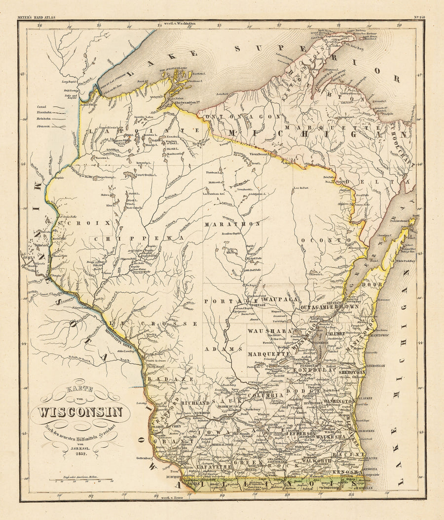 1852 Karte von Wisconsin. Nach den neuesten Hülfsmitteln gezeichnet von J. Graessl.