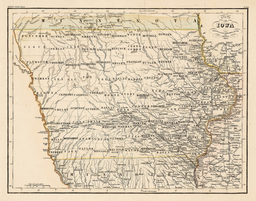 1852 Karte von Iowa. Nach den neuesten Hülfsmitteln gezeich von J. Graessl.