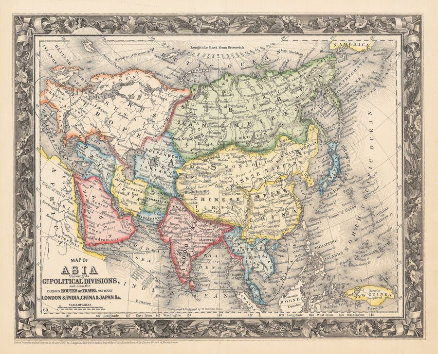 1861 Map of Asia Showing its Gt. Political Divisions and...Routes of Trade between London & India, China, Japan &c.