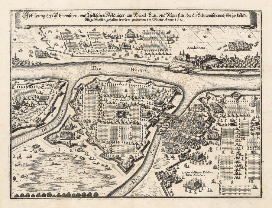 1660 Abbildung des Schwedischen und Bollischen Feldlager am Weixel, San, und Niger flus da die Schwedische noch ubrige Volcker Ein geschlossen gehalten worden gescheten im Martio Anno 1656