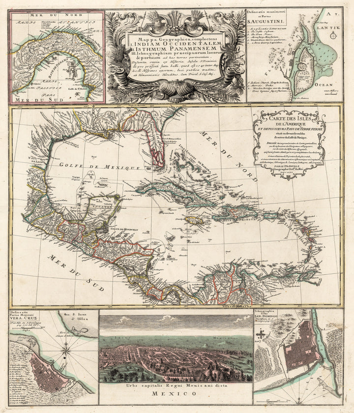 Authentic Antique Map of the Caribbean: Mappa Geographica, complectens I. Indiae Occidentalem II. Isthmum Panamensem III. Ichnographiam praecipurorum locorum & portuum as has terras pertinentium. By: Homann Heirs  Date: 1740 (circa) Nuremberg