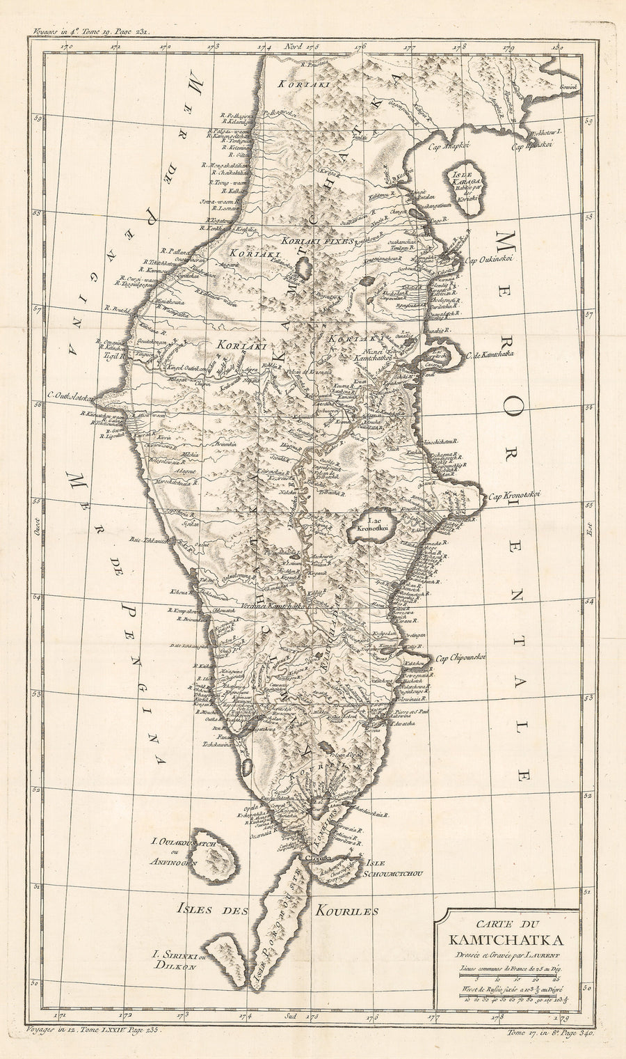Authentic Antique Map of Kamchatka, Russia: Carte du Kamtchatka Dressee et Gravee par Laurent  By: Jacques Nicholas Bellin  Date: 1757 (published) Paris 