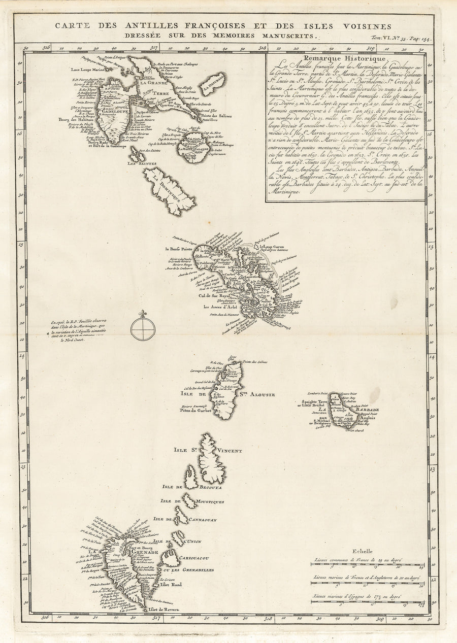 Authentic Antique Map of the Lesser Antilles: Carte des Antilles Francoises et des Isles Voisines Dressee sur des Memoires Manuscrits By: Henri Chatelain  Date: 1719 (Published) Paris.